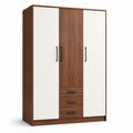 Armadio in legno laminato marrone e bianco a tre ante e tre cassetti