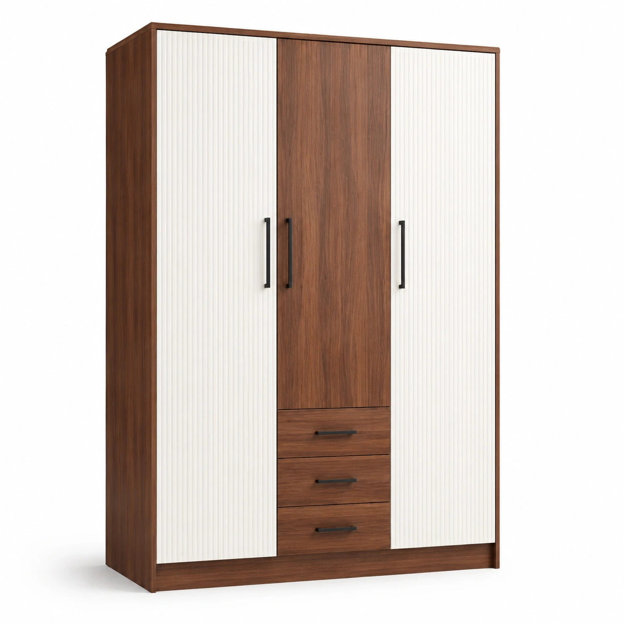 Armadio in legno laminato marrone e bianco a tre ante e tre cassetti