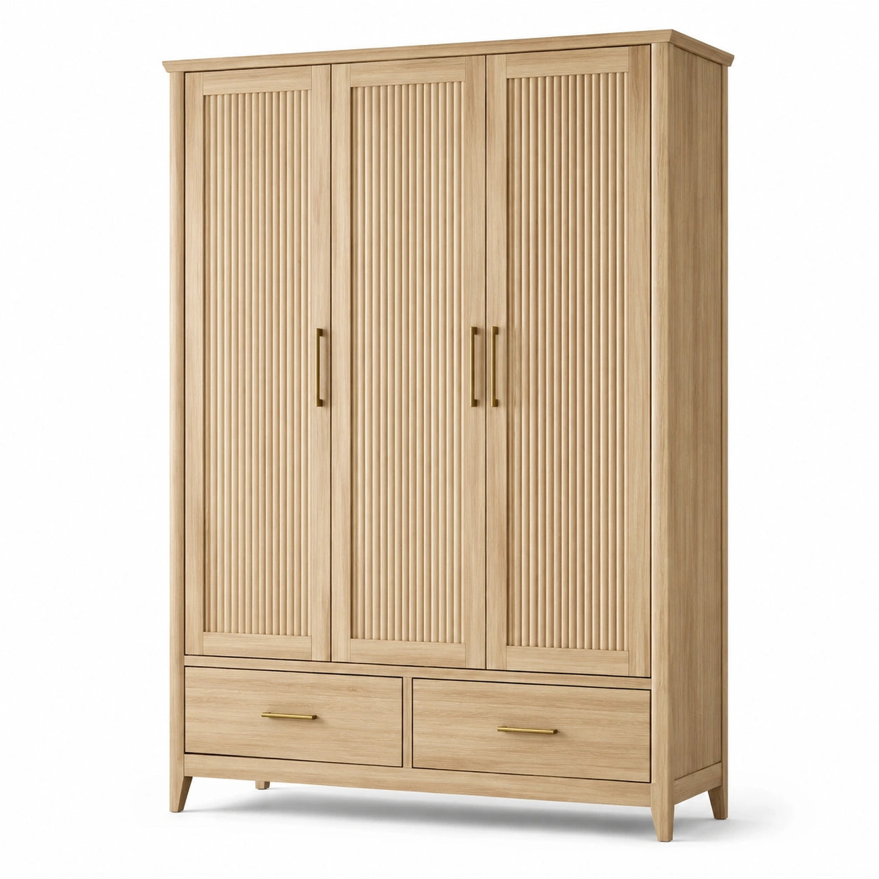 Armadio a tre ante in legno naturale con cassetti