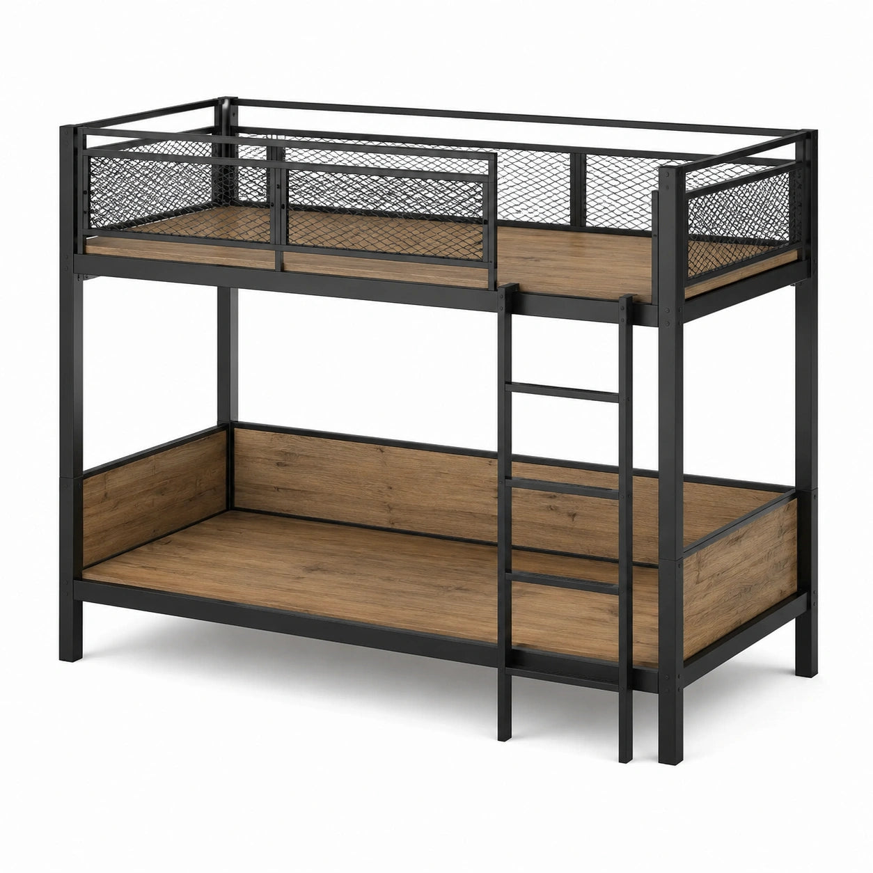 Letto a castello in metallo nero con pannelli in MDF e scala