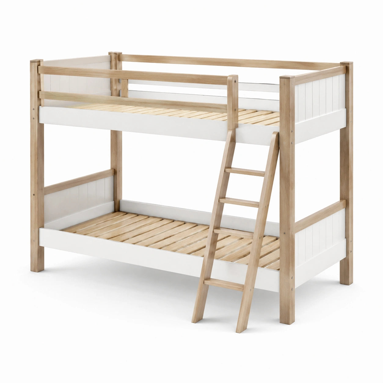 Letto a castello in legno di pino naturale e bianco con scala