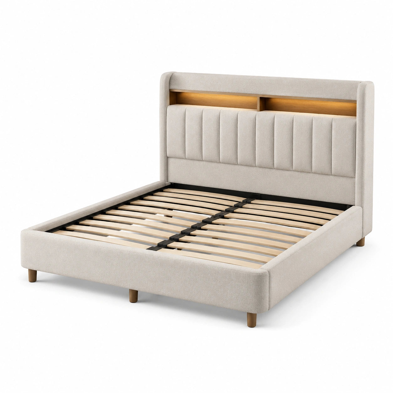 Letto matrimoniale con testiera imbottita in tessuto beige e struttura legno