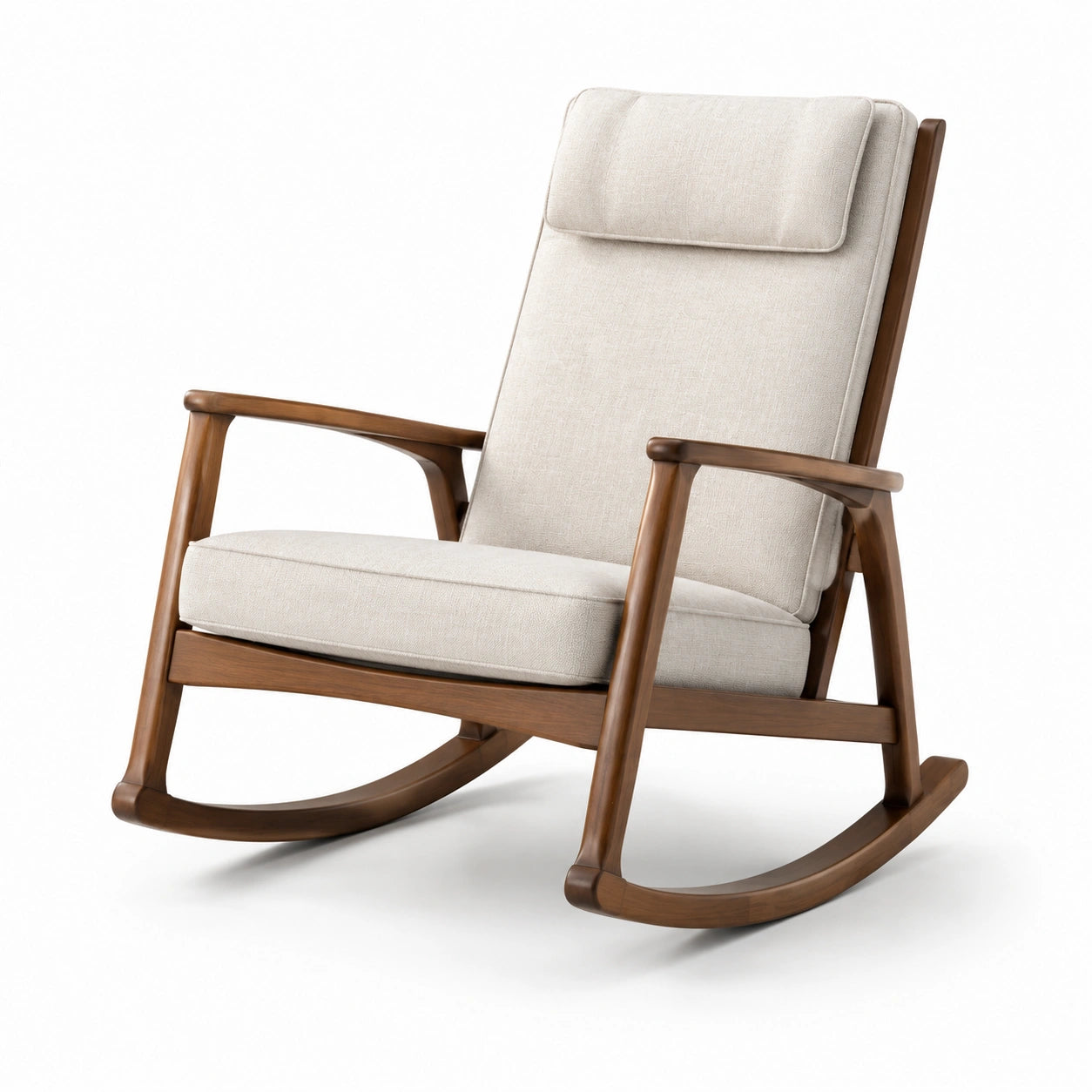 Sedia a dondolo in legno con cuscini in tessuto beige