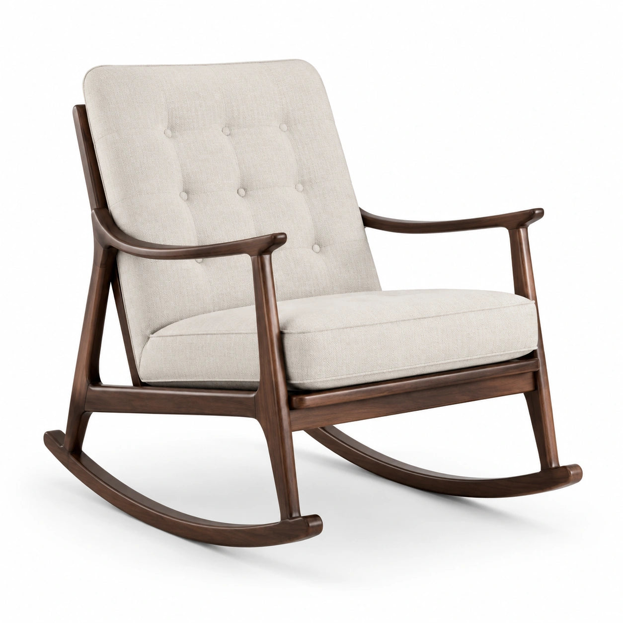 Sedia a dondolo in legno e tessuto beige con braccioli