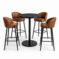Set da bar con tavolo rotondo in metallo nero e sedie alte in pelle sintetica marrone