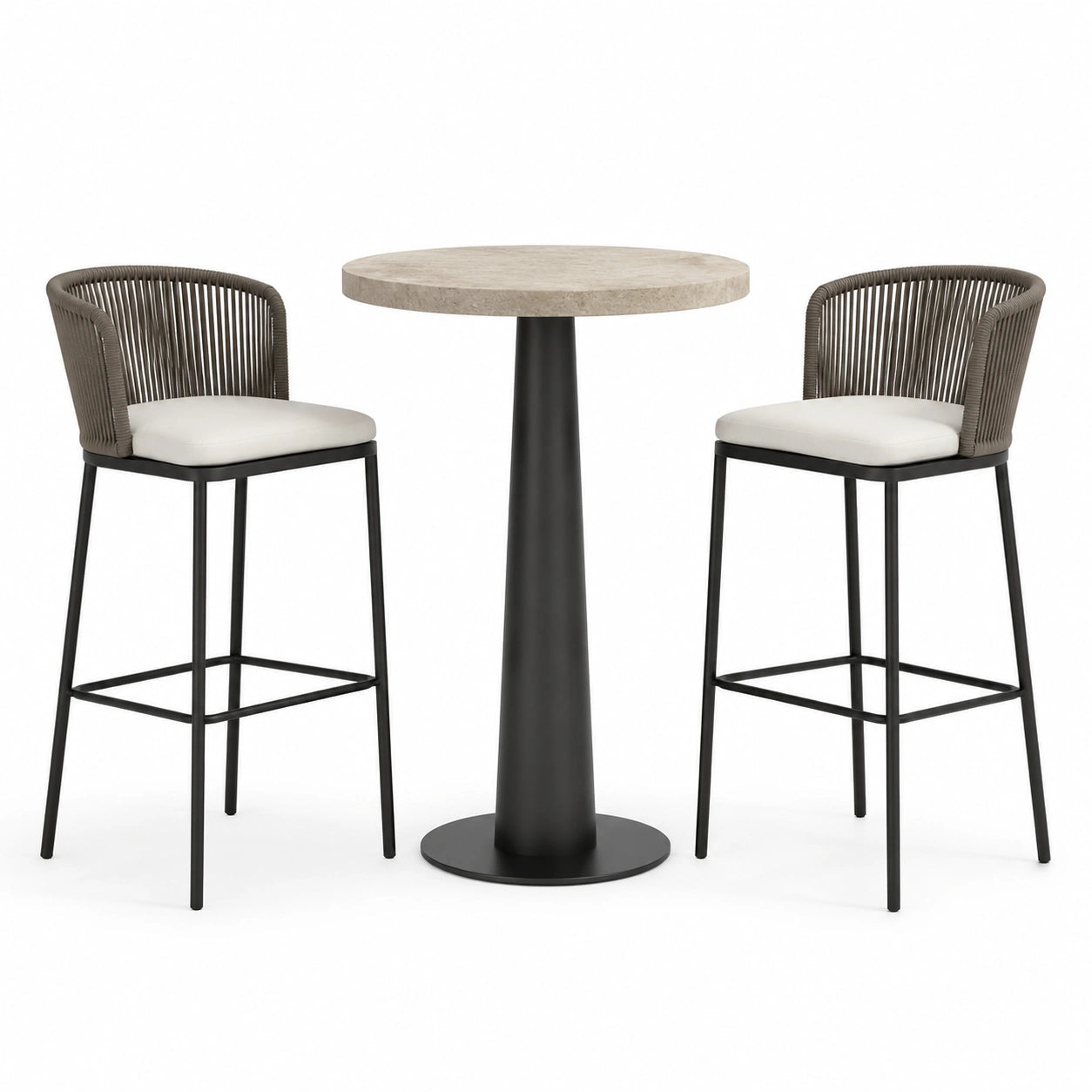 Set da bar con tavolo rotondo in pietra e sgabelli in metallo